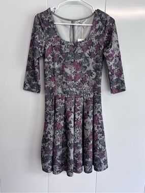 Springfield Floral Gray Purple Skater Dress 3/4 Sleeve NWT Size USA 6
